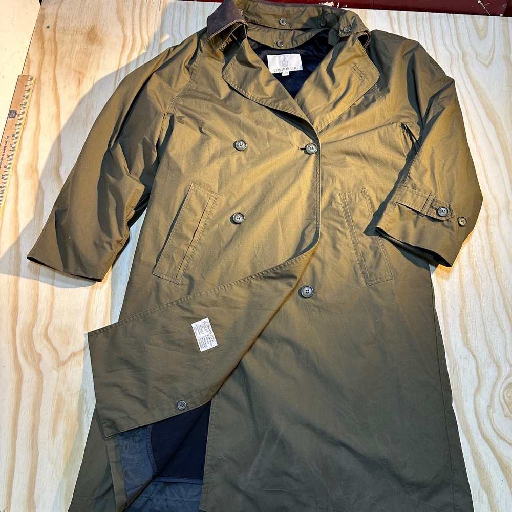 London Fog Men Double Breasted Trench Coat Olive Green Weatherproof Overcoat 36S